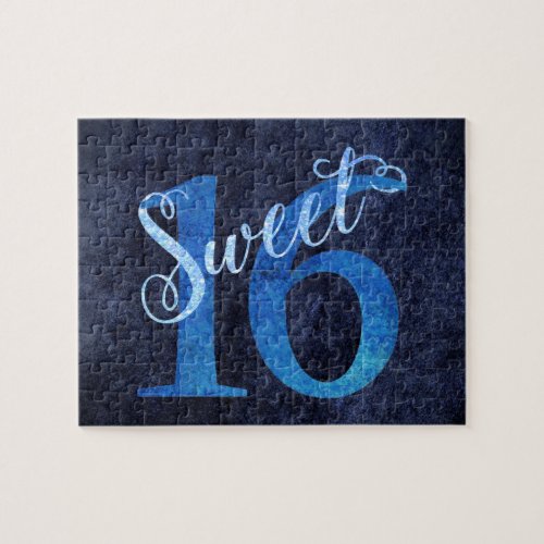 Sweet 16  Glitzy Blue Glam Typography Script Jigsaw Puzzle