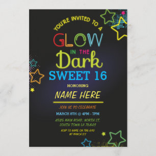Sweet 16 Glow In The Dark Birthday Neon Party Invitation