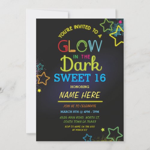 Sweet 16 Glow In The Dark Birthday Neon Party Invitation