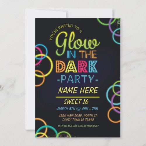 Sweet 16 Glow In The Dark Birthday Party Invite