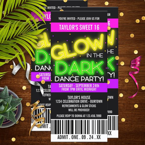 Sweet 16 Glow in the Dark Dance Party Invitation