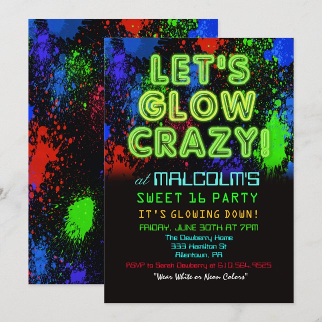 Sweet 16 Glow Party Birthday Invitation (Front/Back)