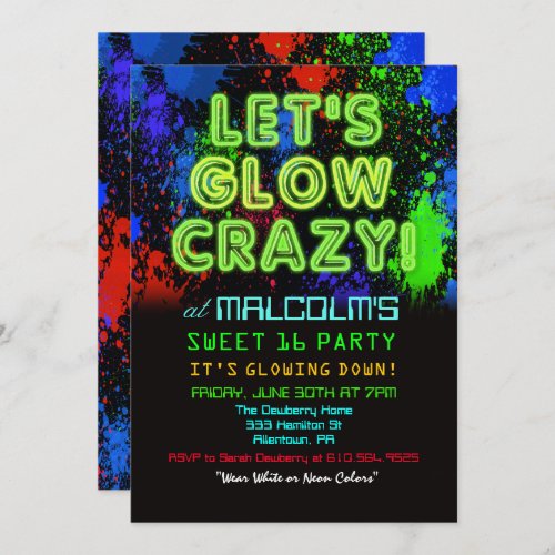 Sweet 16 Glow Party Birthday Invitation