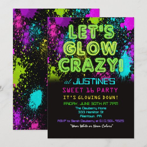 Sweet 16 Glow Party Birthday Invitation