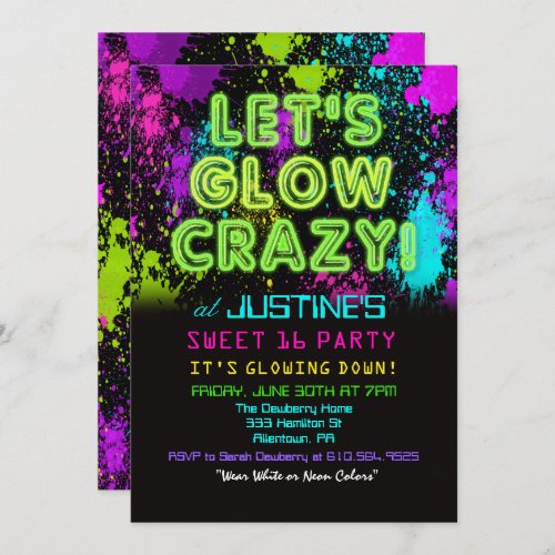 Sweet 16 Glow Party Birthday Invitation - Glow Party Dance Party Glow in the Dark Sweet 16 Birthday Invitation