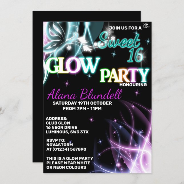 Sweet 16 Glow  party Invitations (Front/Back)