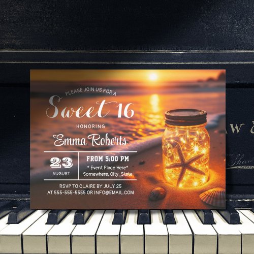 Sweet 16 Glowing Mason Jar Sunset Beach Birthday Invitation