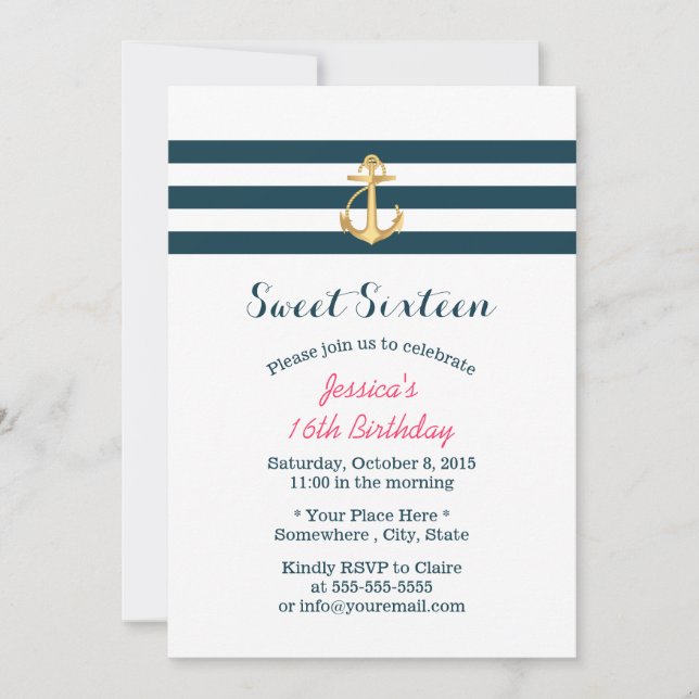 Sweet 16 Gold Anchor Nautical Stripes Invitation (Front)