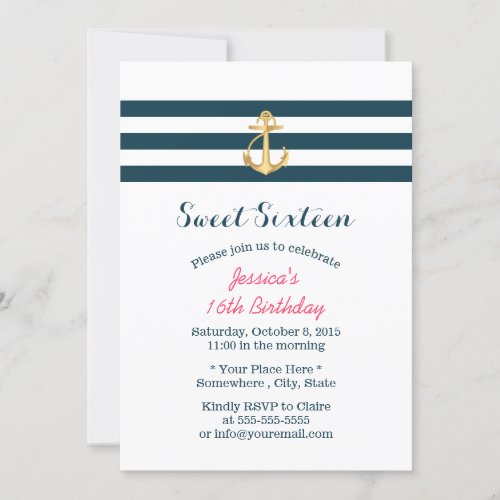 Sweet 16 Gold Anchor Nautical Stripes Invitation