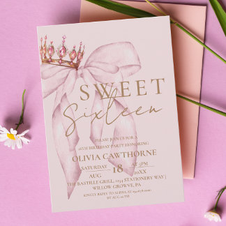 Sweet 16 Gold and Blush Pink Bow Birthday Invitation