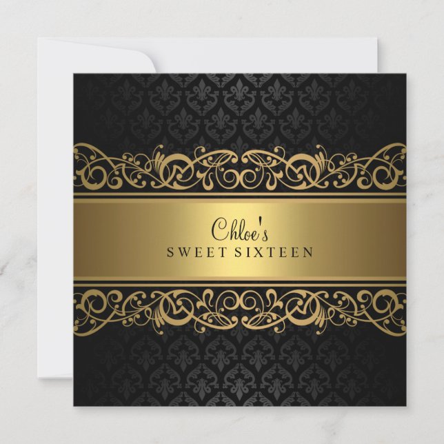 Sweet 16 | Gold & Black Damask Invitation (Front)