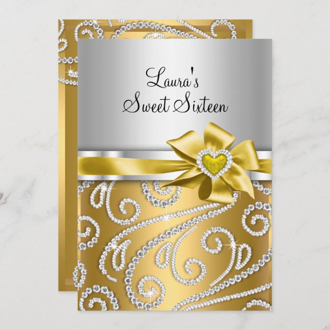 Sweet 16 Gold Bow & Sparkle Diamond Announcements (Front/Back)