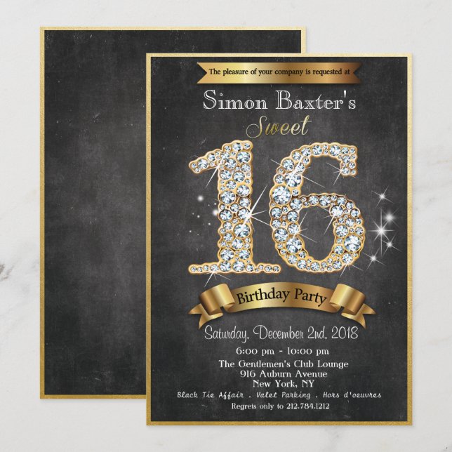 Sweet 16 Gold Diamond Birthday Invitation (Front/Back)