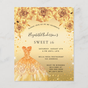 Sweet 16 gold dress floral budget invitation flyer