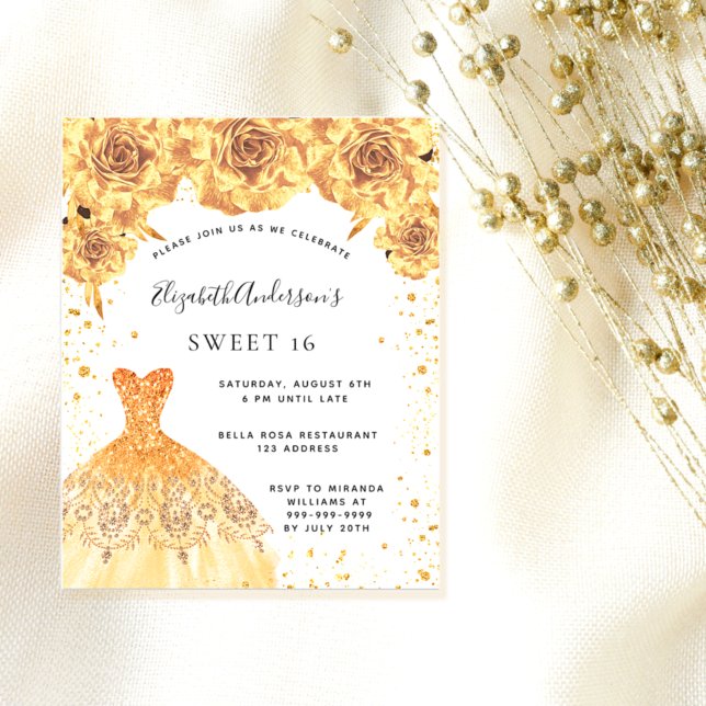 Sweet 16 gold dress floral white invitation (Creator Uploaded)