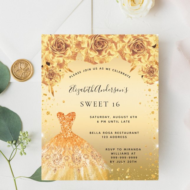 Sweet 16 gold dress flowers invitation (Creator Uploaded)