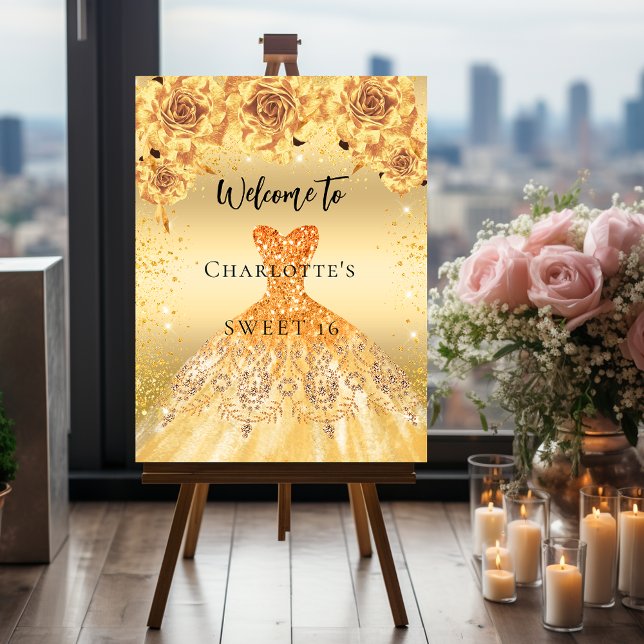 Sweet 16 gold dress roses party welcome foam board (Creator Uploaded)
