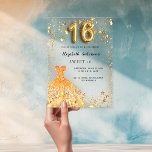 Sweet 16 gold dress stars clear acrylic invitations<br><div class="desc">For an elegant Sweet 16,  A clear,  transparent background. Decorated with faux gold stars and a golden dress.  Personalize and add your name and party details.</div>