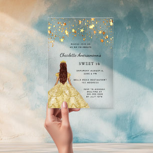 Sweet 16 gold dress stars clear acrylic invitations
