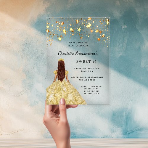 Sweet 16 gold dress stars clear acrylic invitations