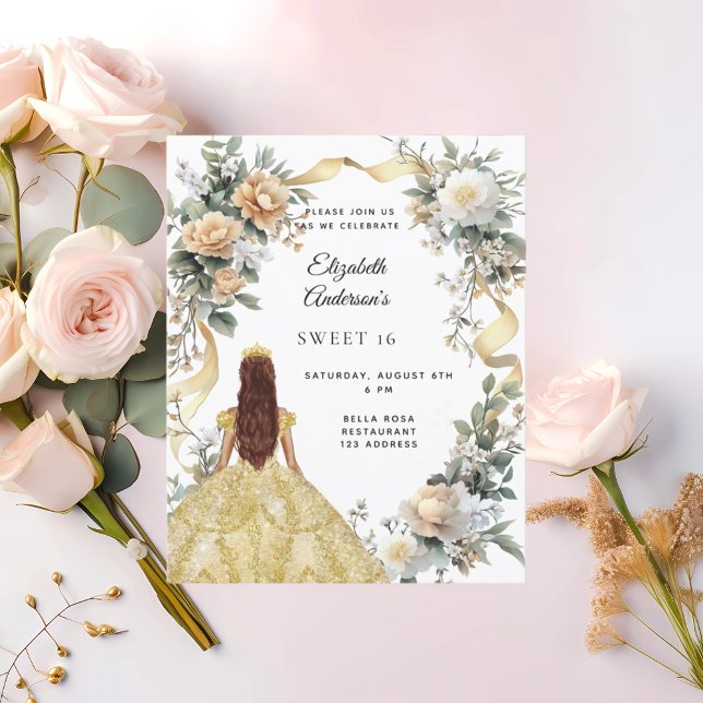 Sweet 16 gold dress yellow florals invitation (Creator Uploaded)