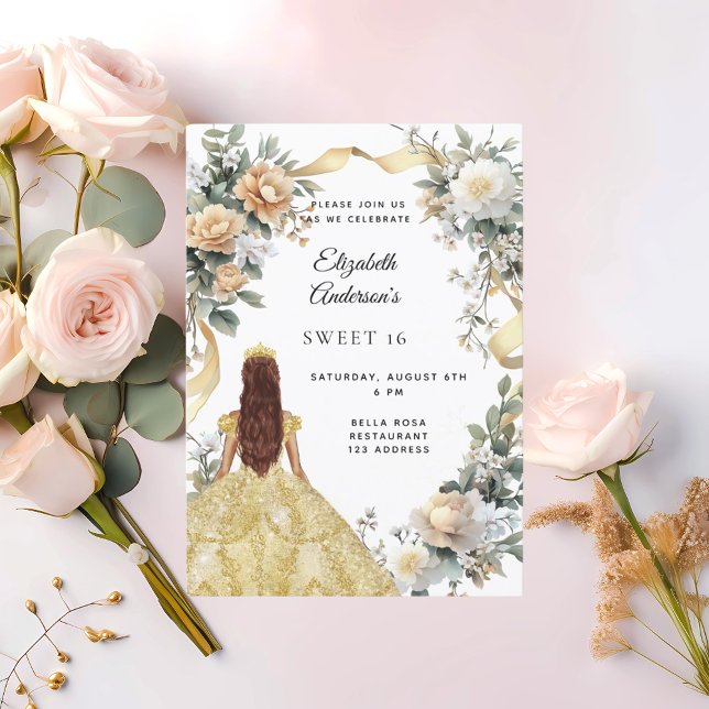 Sweet 16 gold dress yellow florals invitation (Creator Uploaded)