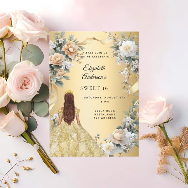 Sweet 16 gold dress yellow florals invitation (Creator Uploaded)