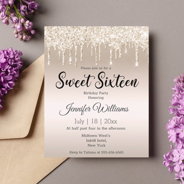 sweet 16 gold dripping glitter birthday invitation (Creator Uploaded)