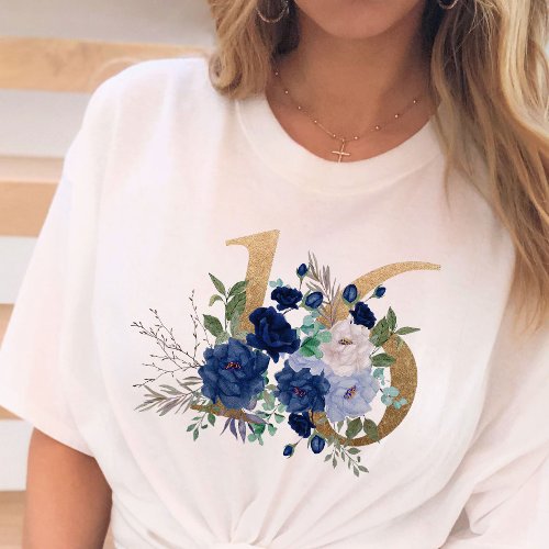 Sweet 16 Gold Floral Number 16 Blue Rose T_Shirt