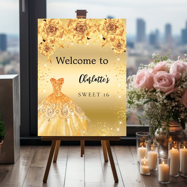 Sweet 16 gold florals dress welcome foam board (Creator Uploaded)