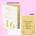 Sweet 16 Gold Foil Birthday Card<br><div class="desc">This "Sweet 16" birthday card is even more sweet because it has beautiful gold foil on the front of the card! The words "(Name) Happy" appear right above the words "Sweet 16" which is surrounded by gold foil confetti. Inside the card features a lighter gold background for black confetti and...</div>