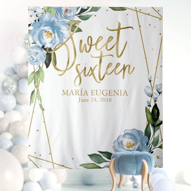 Sweet 16 Gold Foil Dusty Blue Floral Backdrop (Creator Uploaded)