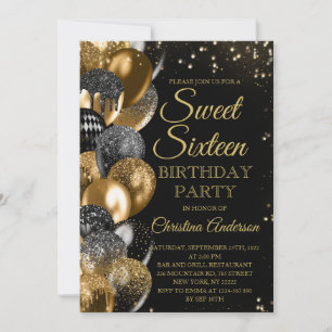 Sweet 16 Gold Glitter Balloons Glam Birthday Party Invitation