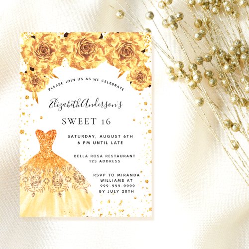 Sweet 16 gold glitter dress floral glamorous invitation