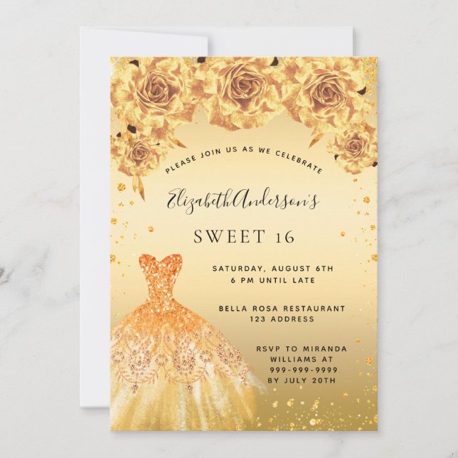 Sweet 16 gold glitter dress roses invitation (Front)