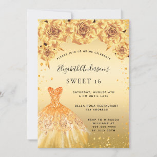 Sweet 16 gold glitter dress roses invitation