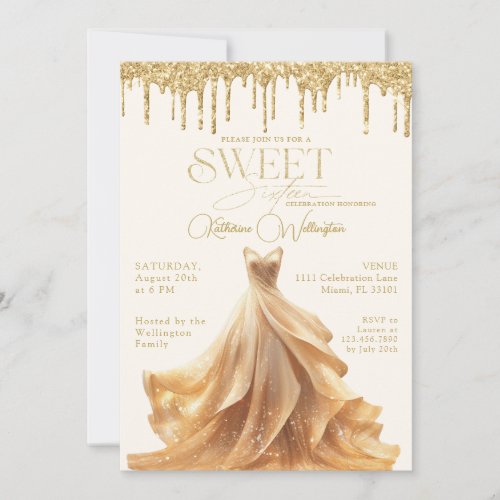 Sweet 16 Gold Glitter Drips Dress Sweet Sixteen Invitation