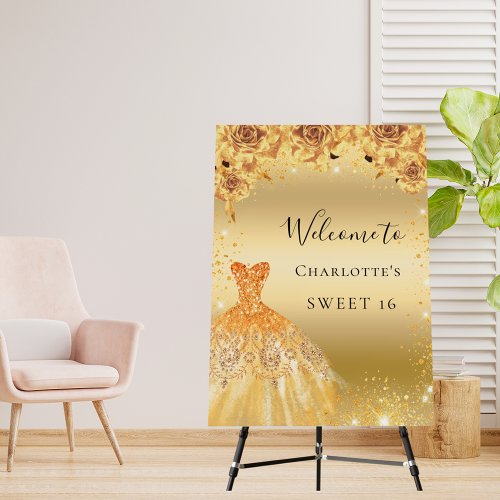 Sweet 16 gold glitter florals dress welcome foam board