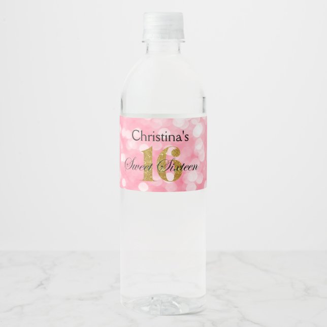 Sweet 16 Gold Glitter Lights Water Bottle Label (Front)