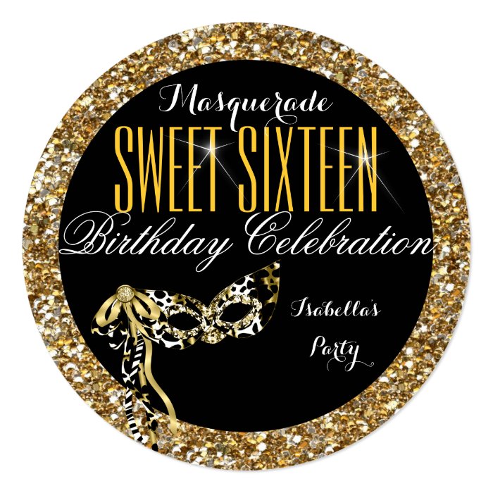 Sweet 16 Gold Glitter Mask Masquerade Birthday Card | Zazzle
