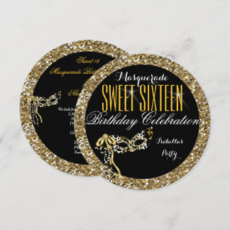 Sweet 16 Gold Glitter Mask Masquerade Birthday Invitation