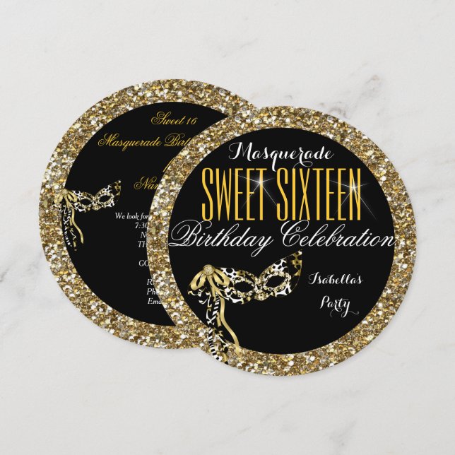 Sweet 16 Gold Glitter Mask Masquerade Birthday Invitation (Front/Back)