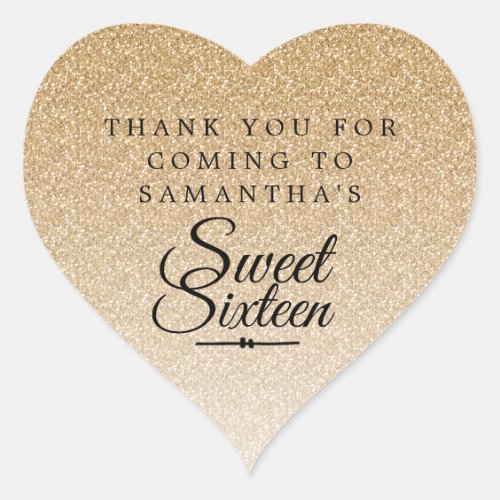 Sweet 16 Gold Glitter Ombre Thank You Custom Name Heart Sticker