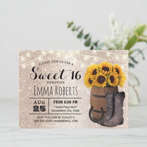Sweet 16 Gold Glitter Sunflower Western Cowgirl Invitation