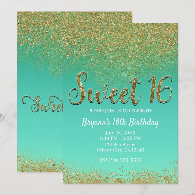 Sweet 16 Gold Glitter & Teal Birthday Party Invitation (Front/Back)