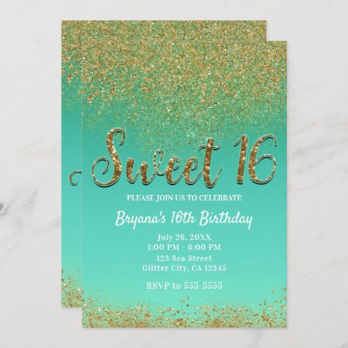 Sweet 16 Gold Glitter  Teal Birthday Party Invitation