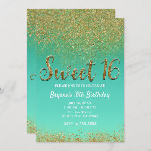 Sweet 16 Gold Glitter & Teal Birthday Party Invitation