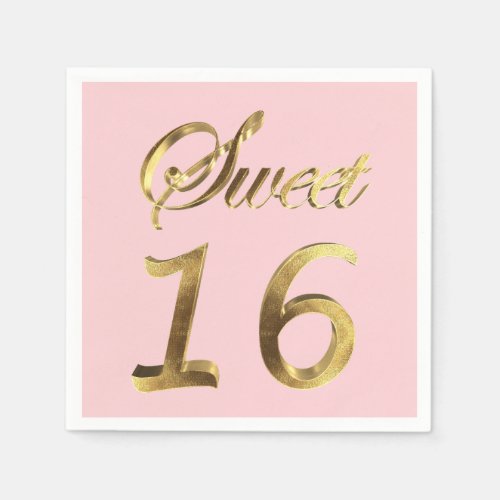 Sweet 16 Gold Look Typography Pink Elegant Napkins