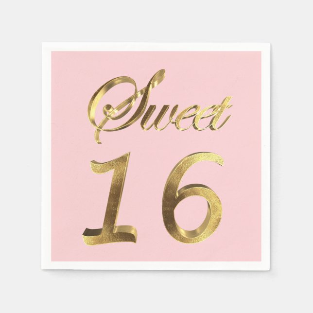 Sweet 16 Gold Look Typography Pink Elegant Napkins (Front)