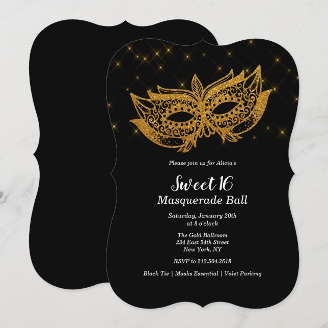 Sweet 16 Gold Mask Masquerade Invitation (Front/Back)